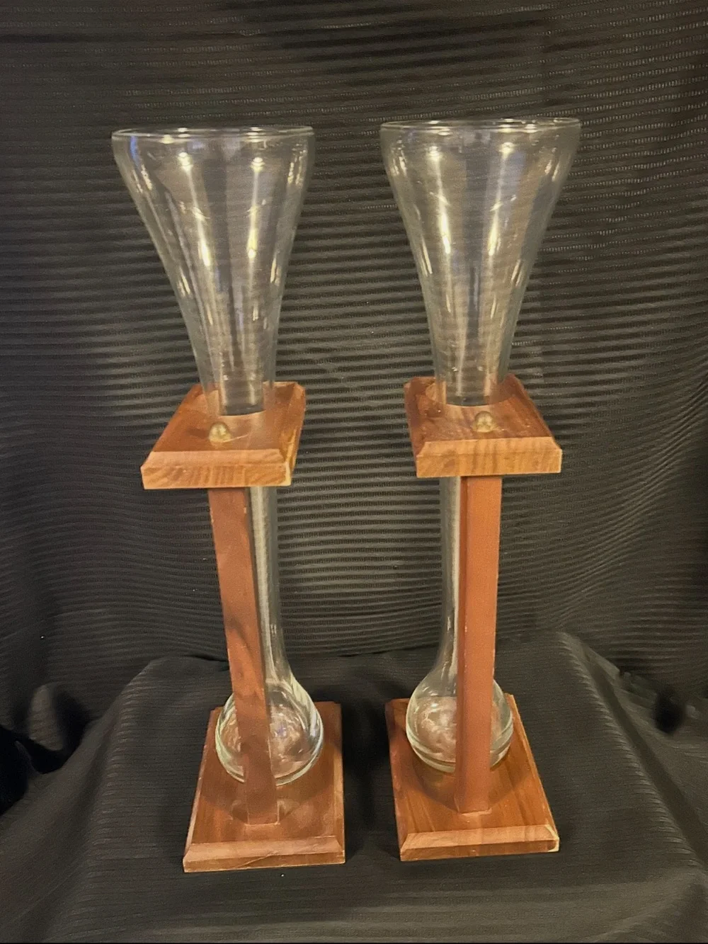 Vintage Pair Half-Yard Ale Beer Glasses w/ Wooden Stands